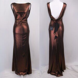 Ieena for Mac Duggal Brown Metallic Jersey Cowl Back Column Gown, Espresso, US 2